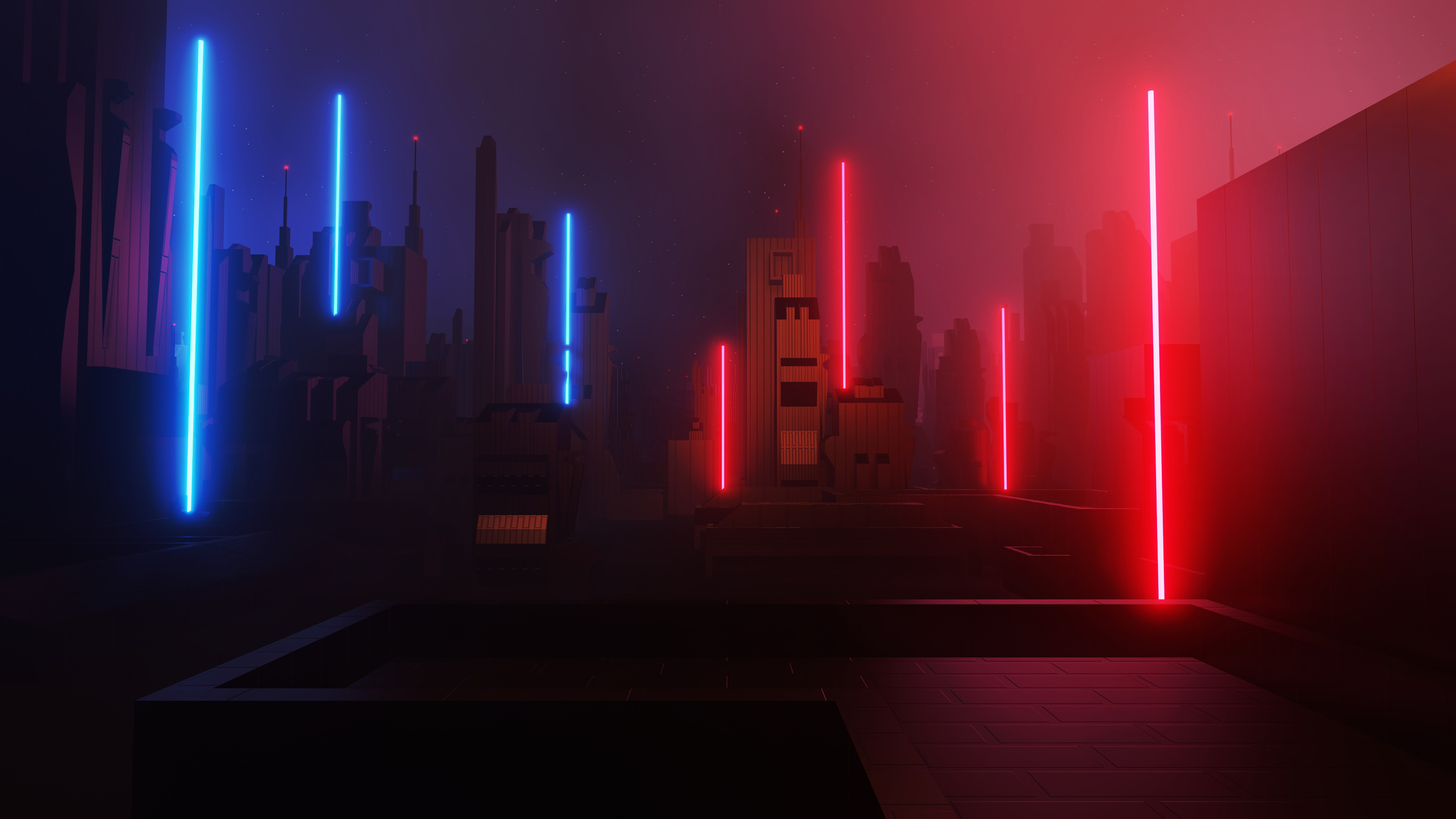 3d render of Cyber punk night city landscape concept. Light glow